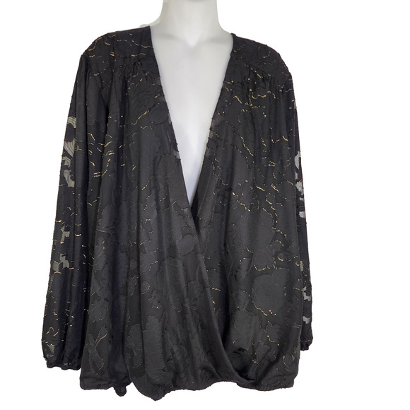 Maurices Womens Plus Size Metallic Jacquard Wrap Blouse 3X Sheer Long Sleeve - Picture 1 of 12